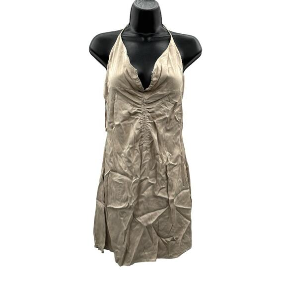 Zara Satin Ruched Beige Halter Tie Shift Mini Slip Dress Size‎ M NWT - Picture 2 of 11